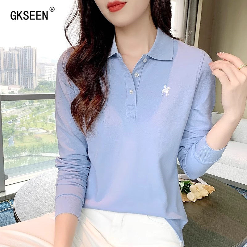 长袖T恤女2025秋季新款时尚休闲百搭纯棉正肩显瘦翻领polo衫上衣