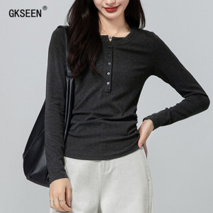 秋季 女装 新款 时尚 T恤上衣 美式 气质外穿内搭长袖 亨利领针织打底衫