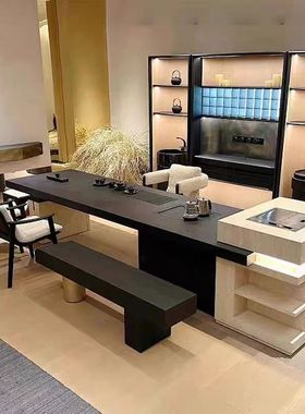 新中式实木茶桌现代别墅极简黑色办公室商务家用天然洞石岛台茶台