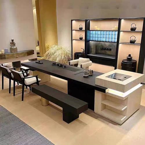 新中式实木茶桌现代别墅极简黑色办公室商务家用天然洞石岛台茶台