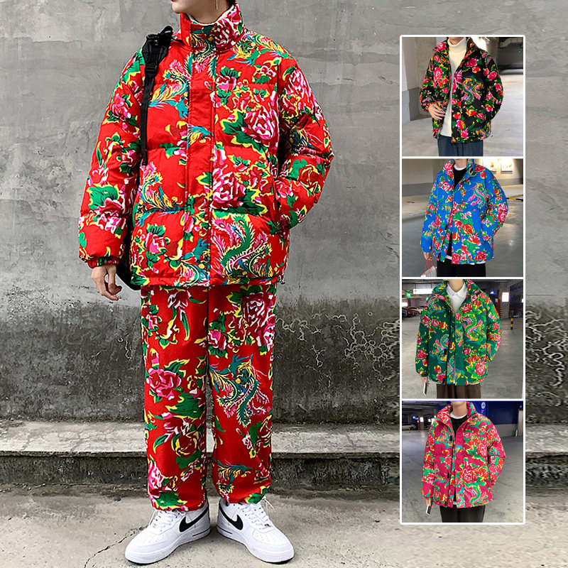 2021新款东北花棉袄子网红同款国潮棉服炸街中国风红色牡丹花套装