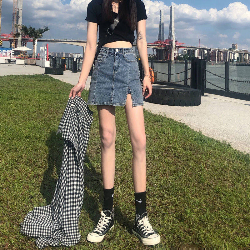 防走光bm风牛仔半身裙裤女夏季新款高腰弹力显瘦A字开叉包臀裙潮