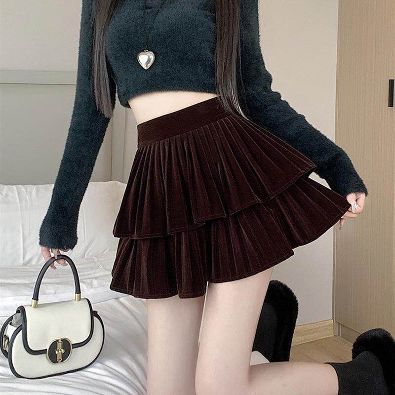 丝绒半身裙女秋冬新款高腰松紧带小个子宽松显瘦甜美百褶蛋糕短裙