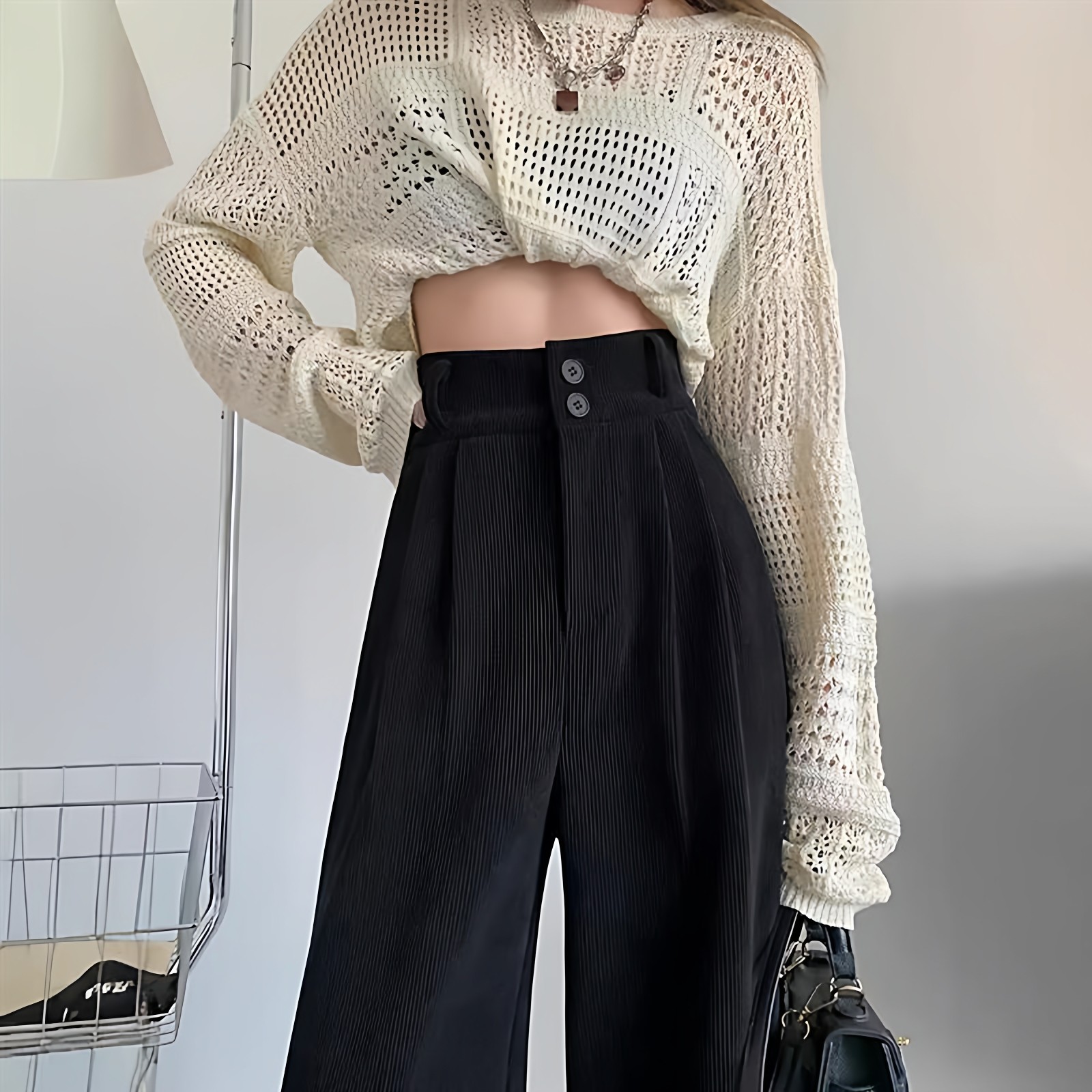 白色针织雪尼尔加绒阔腿裤女垂感秋冬拖地休闲灯芯绒直筒裤西装裤