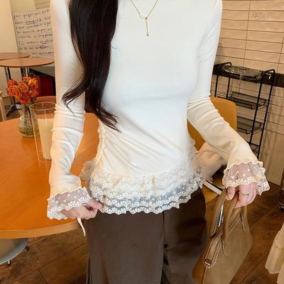 加绒长袖t恤女装2025初秋新款蕾丝修身打底衫上衣