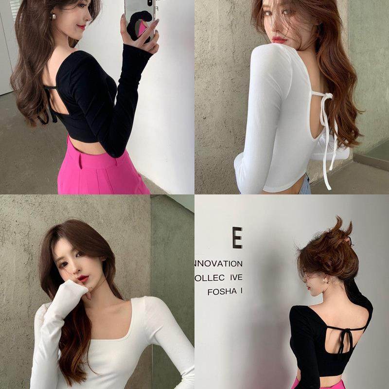 辣妹方领长袖T恤女2025秋季新款白色绑带短款露背修身打底衫上衣