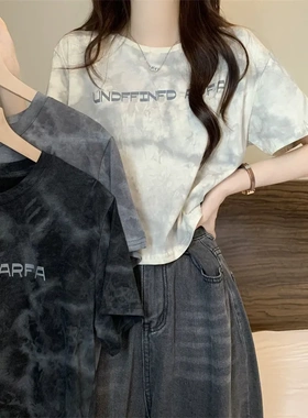 美式复古扎染短袖字母印花宽松女t恤夏季设计感短款上衣