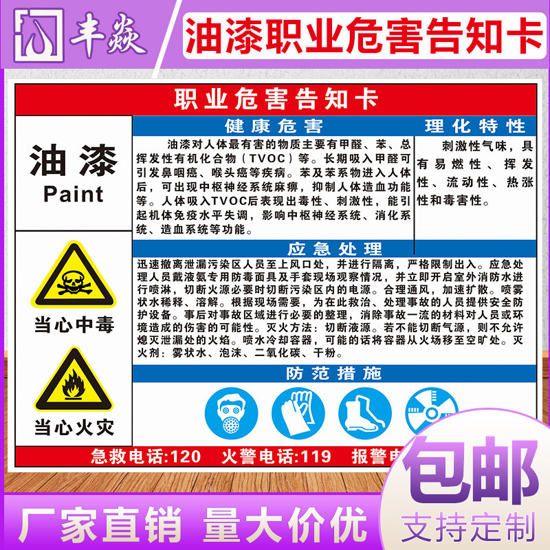 油漆职业危害告知卡 噪声粉尘高温烫伤机械伤害有限空间周知卡安全