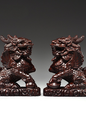 黑檀木雕麒麟摆件一对木制家用办公室客厅卧室装饰工艺品开业送礼