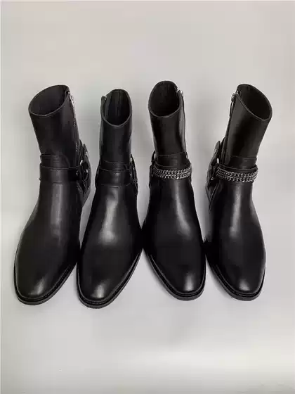 Slp Chelsea Buckle Chain Boots Trendy Pointed Toe Zipper Martin Boots Men's American Style Boots Short Fashion Casual High Street