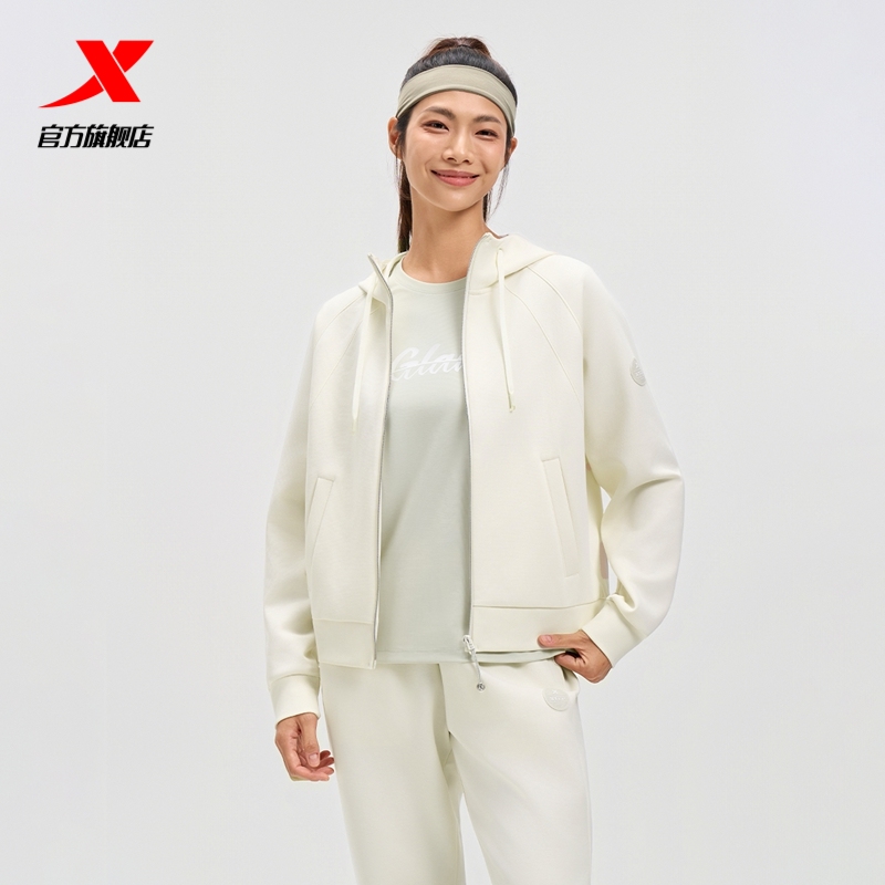 特步连帽外套女2025年秋季新款女装针织夹克运动上衣975328940609
