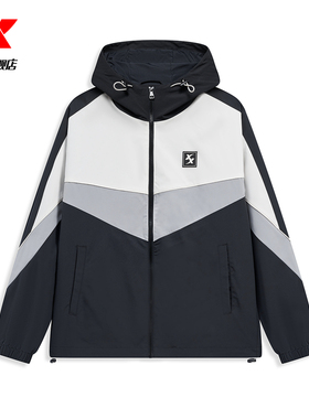 官方正品女装新款特步运动风衣撞色宽松连帽休闲外套976128150004