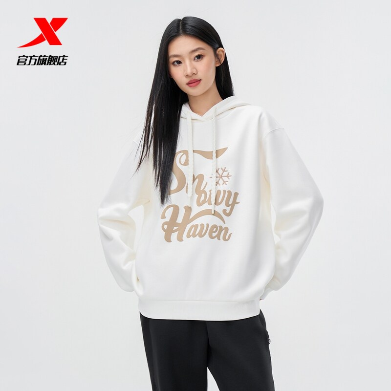 特步连帽套头卫衣女新款简约宽松加绒潮流长袖上衣975428930237