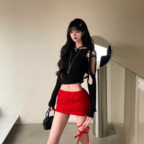 美式纯欲显瘦上衣性感辣妹风圣诞绑带低腰半身裙包臀短裙套装