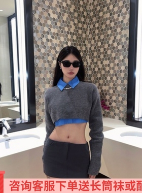 学院风慵懒露腰套头圆领软糯针织毛衣欧美辣妹短款衬衣半裙套装