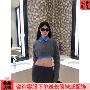 学院风慵懒露腰套头圆领软糯针织毛衣欧美辣妹短款衬衣半裙套装
