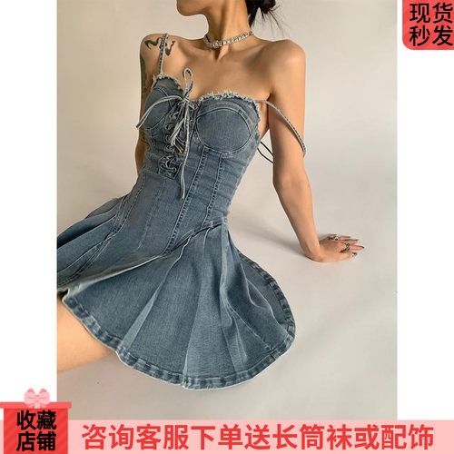牛仔吊带裙绑带抹胸a字裙