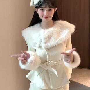 气质法式秋冬小香风高级千金感毛呢外套毛领收腰半身裙新款两件套