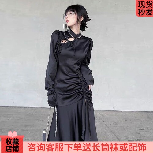 暗黑高级感名媛复古连衣裙女
