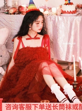 2024春新款裹胸连衣裙网纱蓬蓬裙喜庆礼服暗红蛋糕裙圣诞新年裙仙