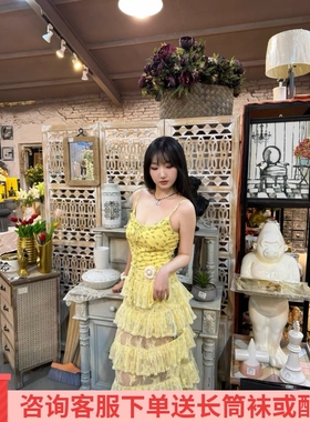 辣妹风黄色碎花吊带连衣裙+不规则网纱蛋糕裙罩裙透视感半身裙