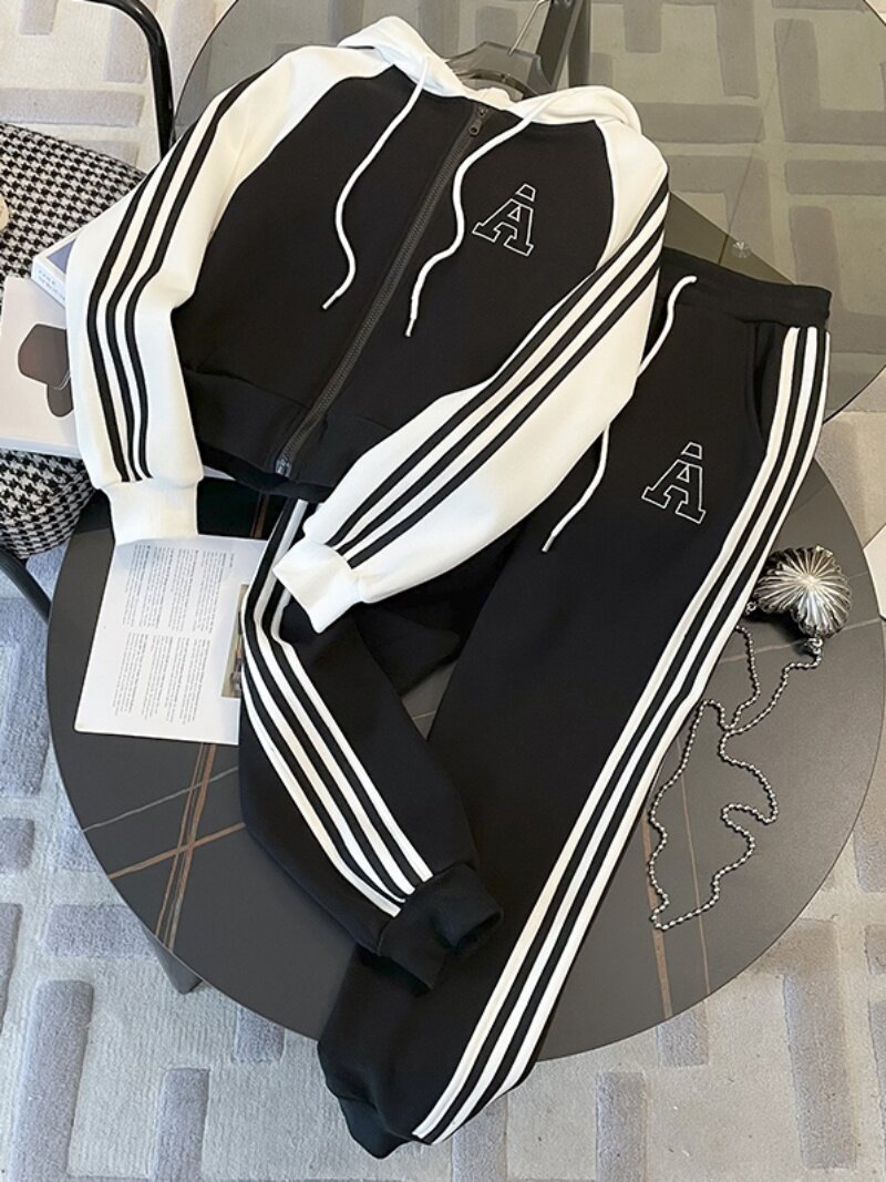 여성을위한 XIAOXIANGFENG 패션 캐주얼 정장 봄과 가을 새로운 세련된 하이 엔드 후드 재킷 스포츠 바지 투피스 세트