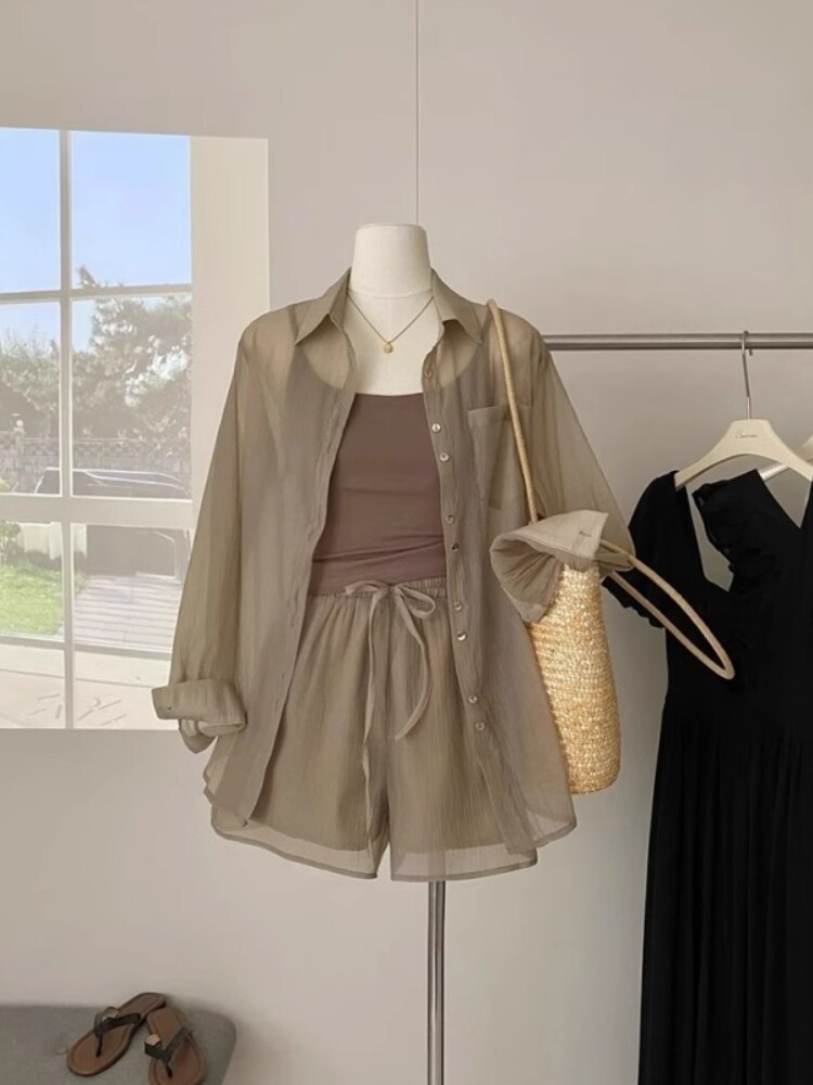 여성용 솔트 스타일 쓰리피스 슈트 여름 하이엔드 긴팔 자외선 차단 조끼 반바지 캐주얼 패션 슈트 트렌디