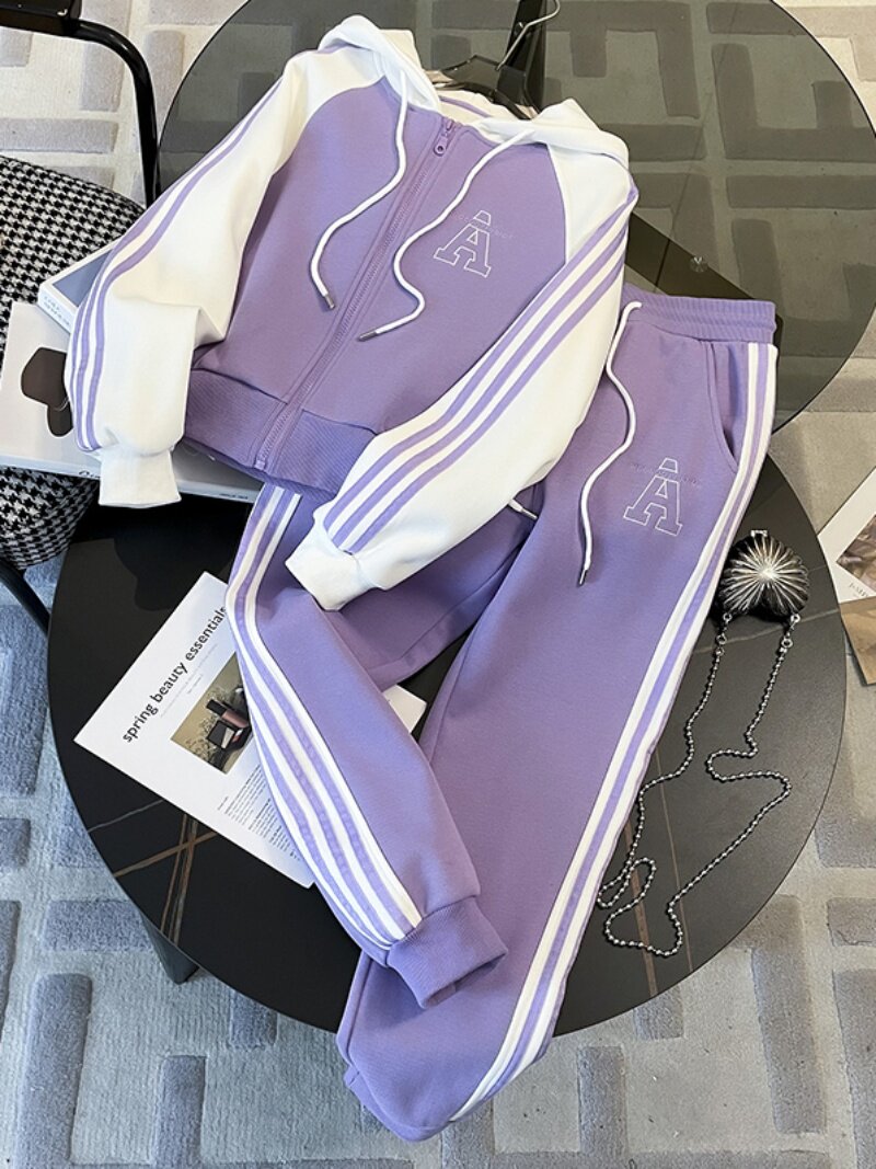 여성을위한 XIAOXIANGFENG 패션 캐주얼 정장 봄과 가을 새로운 세련된 하이 엔드 후드 재킷 스포츠 바지 투피스 세트