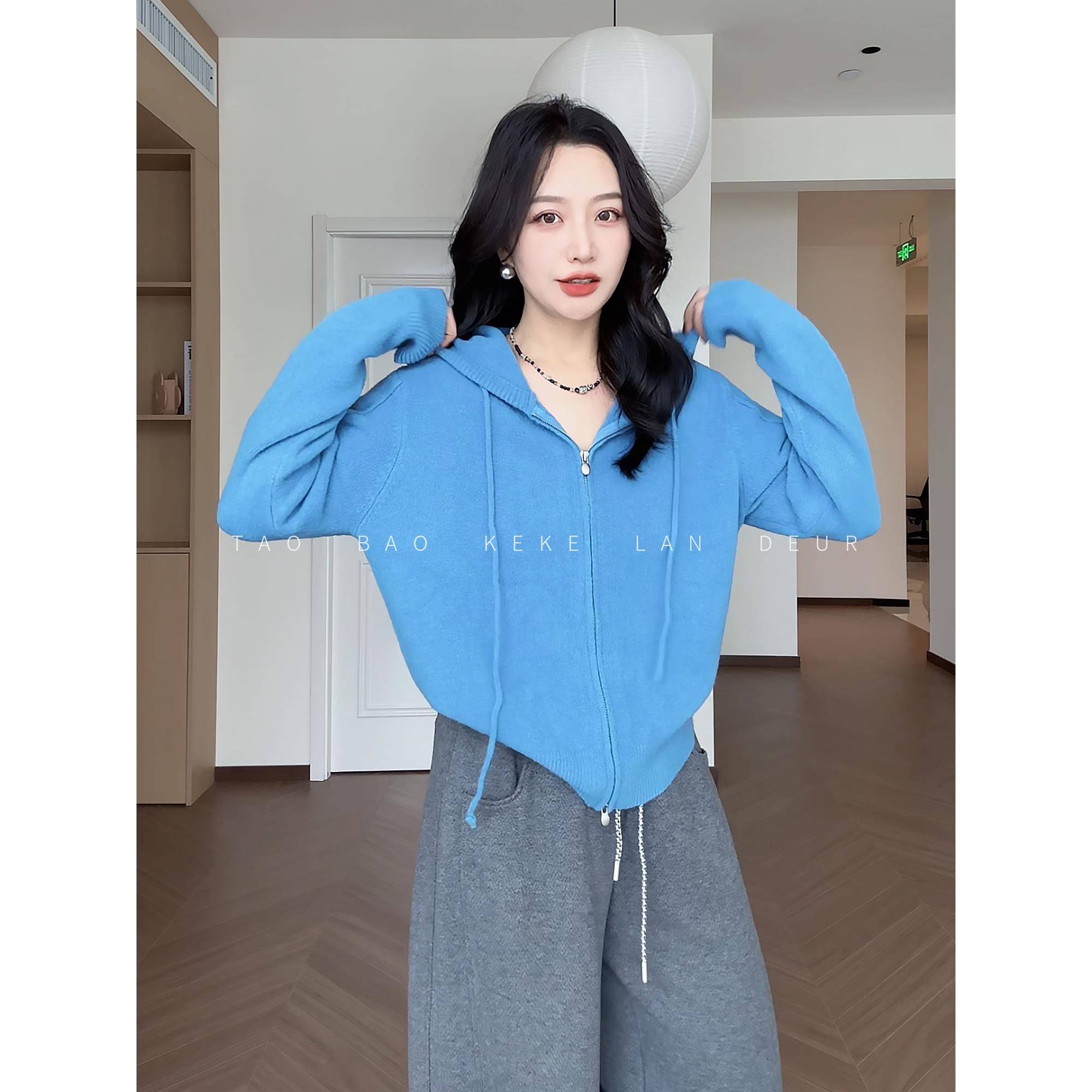 KEKE【听风格】蓝色时尚百搭连帽宽松韩系休闲开衫带帽毛衣外套女