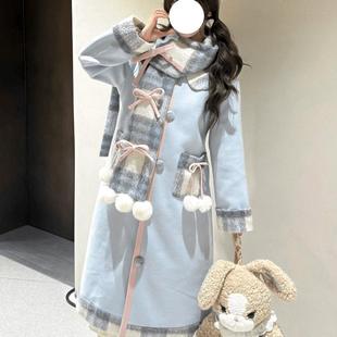 飞行日记可爱甜妹小个子毛呢大衣女秋冬季格纹拼接设计感呢子外套