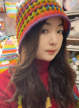 成品手工钩织彩虹华夫格护耳帽秋冬成人儿童款
