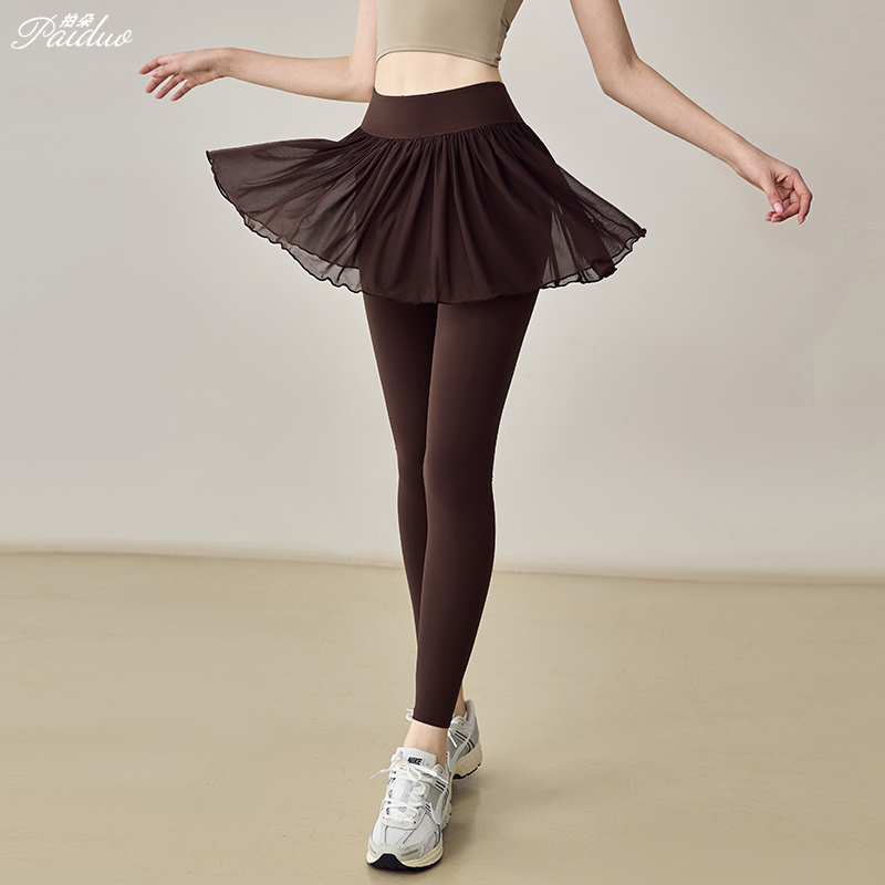 拍朵假两件瑜伽裤裙女性感网纱网球裙户外跑步跳操运动裤健身裤新