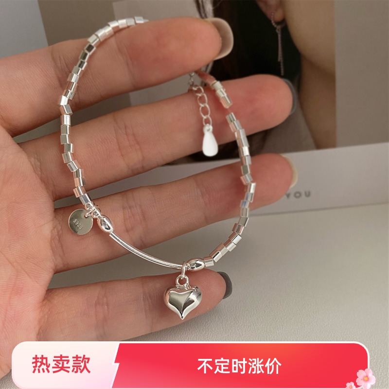 S925纯银方块碎银子爱心手链女chic冷淡风小众级感甜酷几何手饰