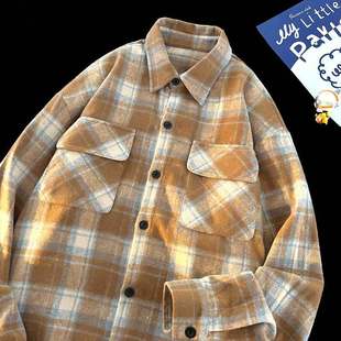 美式复古格子衬衫男黄格上衣女春秋季男生黄色格格衬衣男款外套衫