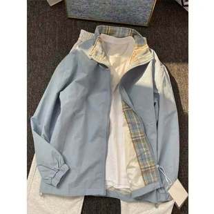 fitcheck蓝色拼接格子夹克男款春季立领冲锋衣美式运动棒球服外套