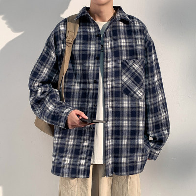 格子休闲衬衫男士春秋季长袖衬衣韩式上衣服复古宽松夏季薄款外套