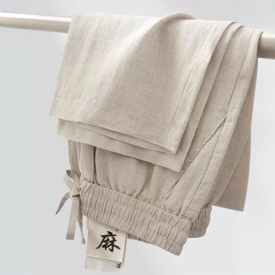 100%仿亚麻垂感裤子男夏薄款中国风宽松休闲大码透气直筒裤女裤