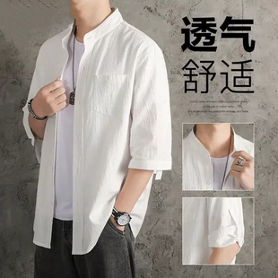 棉麻男士 亚麻衬衫 中国风夏季 衣麻布 男衬衣宽松男装 休闲外套七分袖