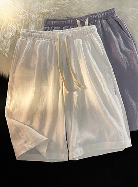 透气亚麻短裤男夏薄款冰丝棉麻白色居家睡裤外穿大裤衩四五分裤子