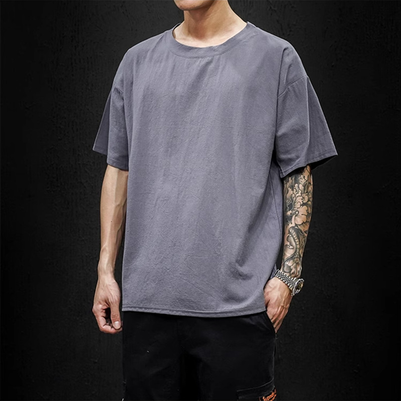 棉麻polo衫男短袖t恤无领中国风亚麻衣服潮流简约中式风体恤衬衫