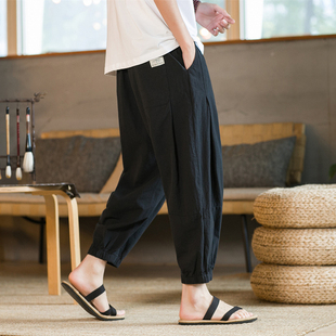 束脚锥形哈伦萝卜裤 日系复古裤 潮牌痞帅大码 亚棉麻八分裤 子男薄款