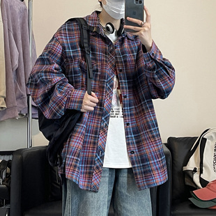 复古痞帅hiphop高级感格纹衬衣长袖 毛边粉红色格子控衬衫 男生美式