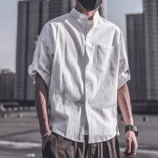 日系复古休闲痞帅立领衬衫 亚麻衬衣 男ins潮流春季 百搭纯色七分袖