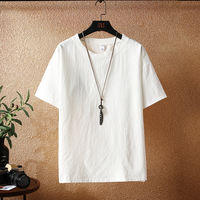 White cotton and linen T-shirt, men's summer heavyweight American linen short-sleeved 2023 new trendy brand, large size quick-drying three-quarter sleeve thumbnail 5