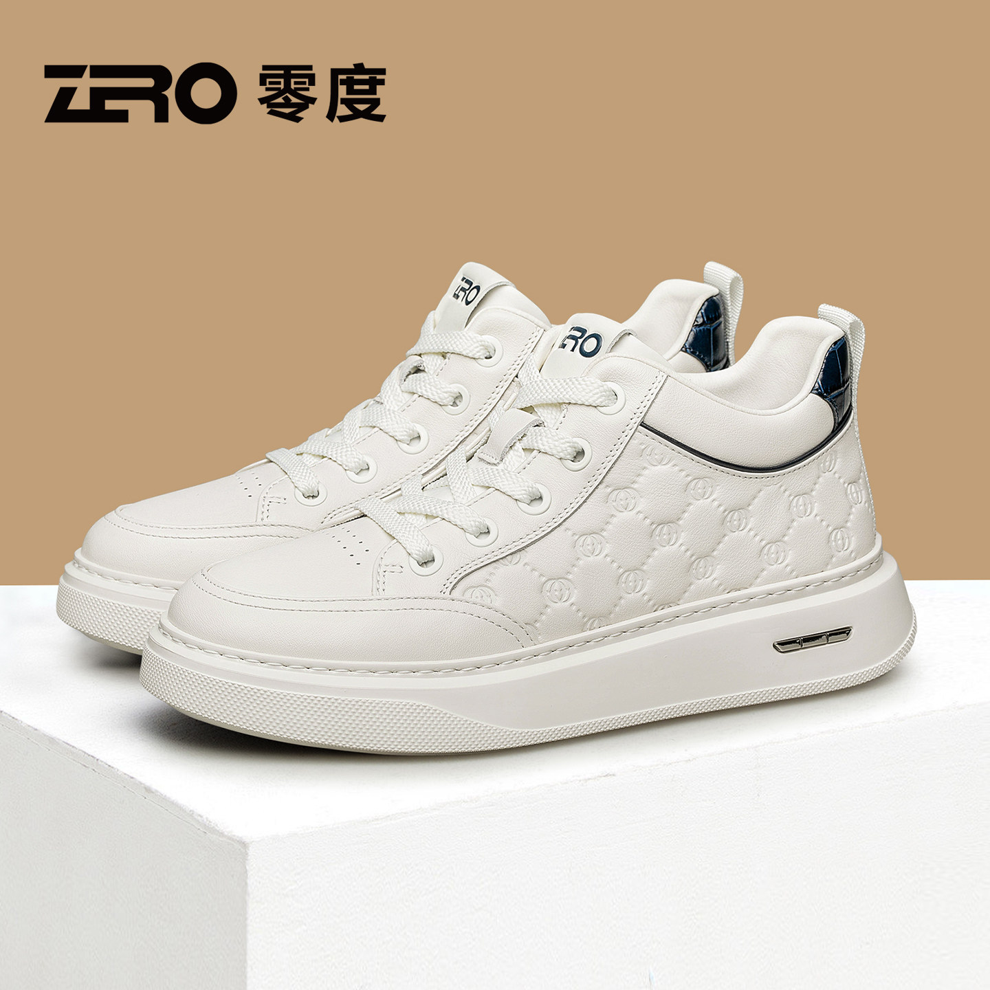 ZRO零度男鞋正品冬季小白鞋男新款真皮压花时尚轻便厚底舒适板鞋