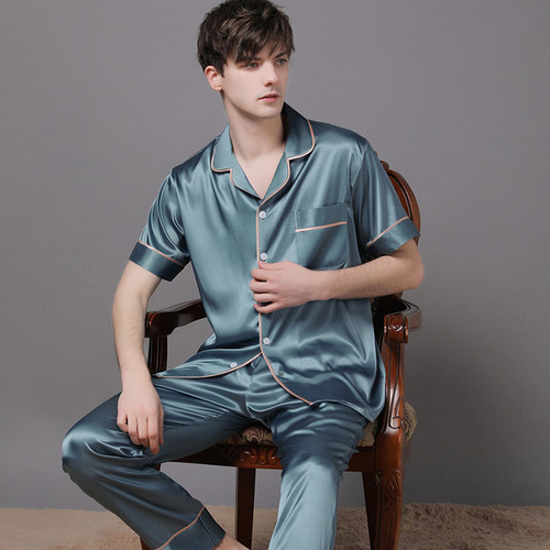 睡衣男冰丝短袖长裤薄款夏季套装