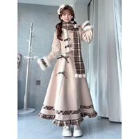 A sweet winter atmosphere with a thousand gold style set for women's autumn and winter, featuring a woolen scarf, coat, skirt and Christmas battle robe thumbnail 2