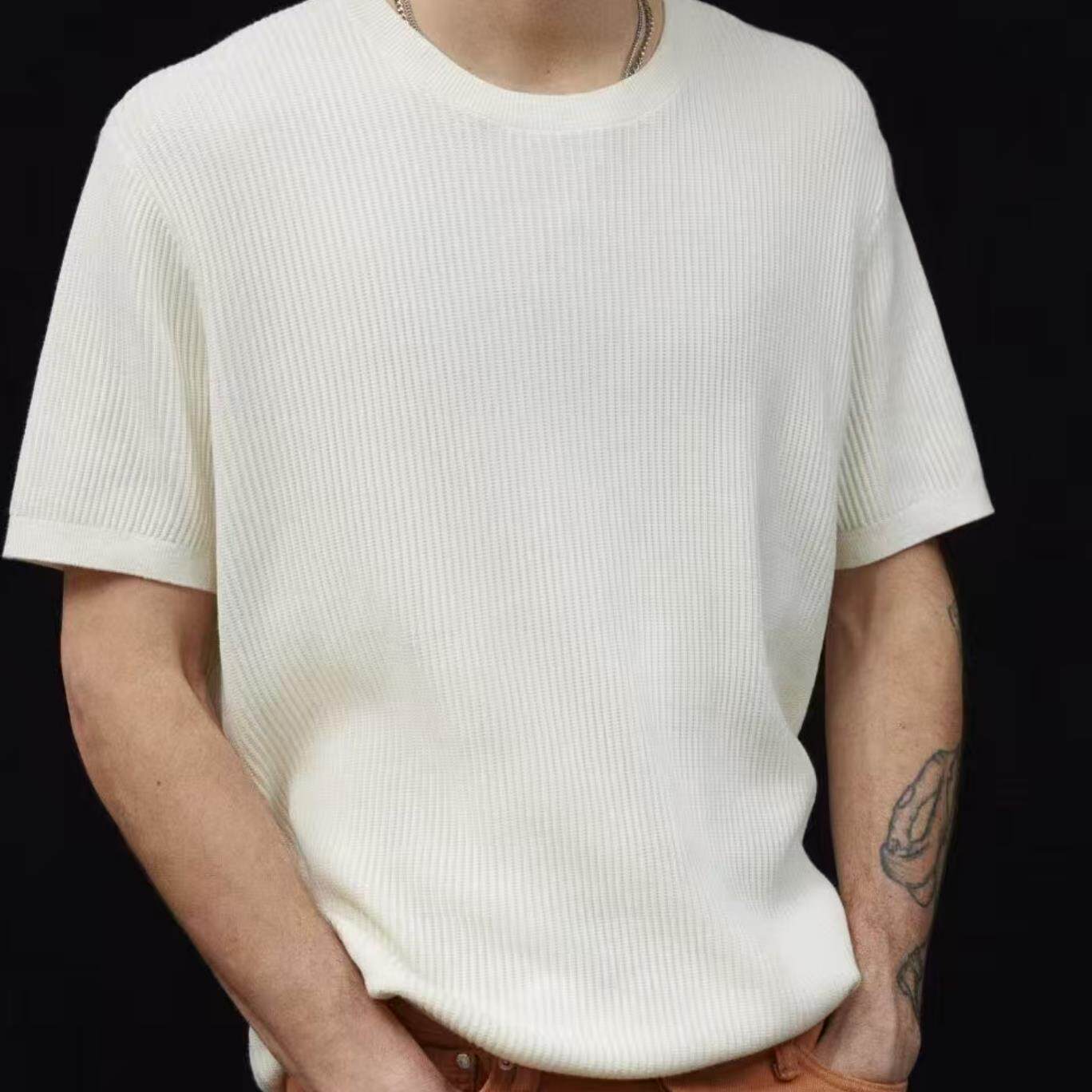 西班牙订单 50%棉 50%粘胶纤维 男士圆领松弛感针织毛衣短袖 大码