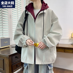 休闲夹克外套男秋季新款宽松运动连帽皮衣胖子加肥加大特大码男装