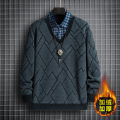 领毛衣男冬季 加绒加厚大码 宽松慵懒风针织衫 衬衫 男士 胖子加肥加大